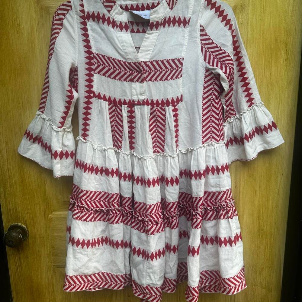 Kasia white & red with bell sleeves  ruffles 100 percent cotton made in Greece
